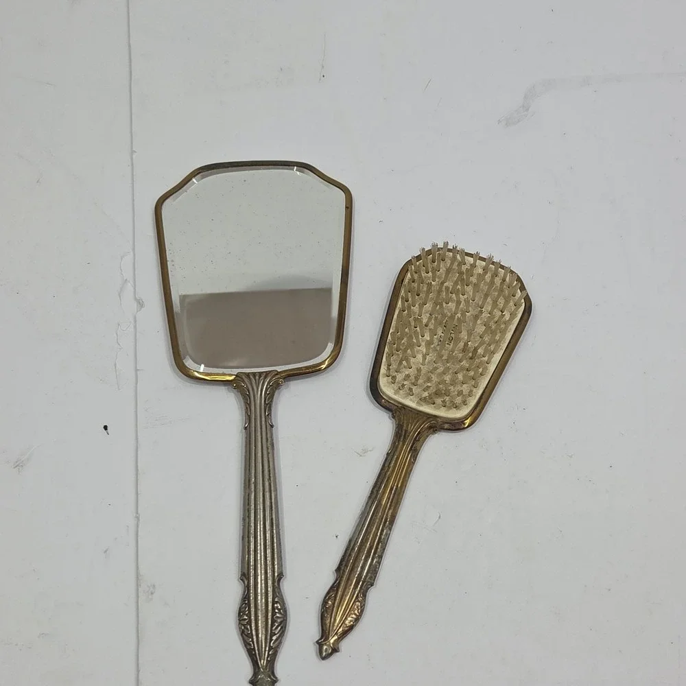 Vintage Antique Celluloid Dresser Set Hand Mirror Hair Brush Floral Vanity 2 Pc